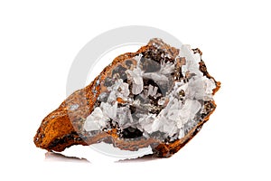 Macro mineral stone crystals Hemimorphite rock on a white background