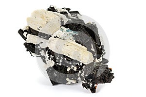 Macro mineral stone Feldspar and Aquamarine and Tourmaline on a white background