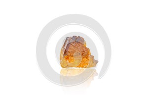 Macro mineral stone Fluorite yellow and blue color on a white background