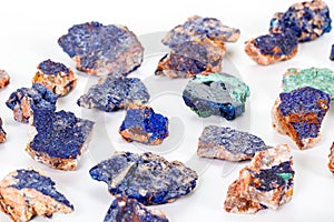 Macro mineral stone Malachite and Azurite against white background