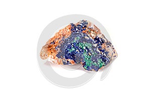 Macro mineral stone Malachite and Azurite against white background