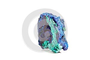 Macro mineral stone malachite with azurite on white background