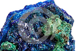 Macro mineral stone malachite with azurite on white background