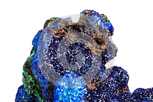 Macro mineral stone malachite with azurite on white background