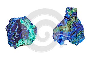 Macro mineral stone malachite with azurite on white background