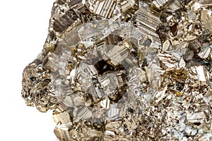 Macro mineral stone Pyrite gold on white background