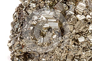 Macro mineral stone Pyrite gold on white background