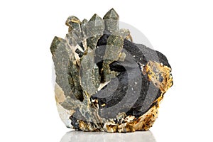 Macro mineral stone Quartz Hedenbergite Prase on ilvite on a white background