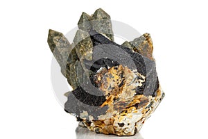 Macro mineral stone Quartz Hedenbergite Prase on ilvite on a white background