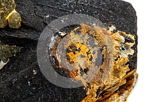 Macro mineral stone Quartz Hedenbergite Prase on ilvite on a white background