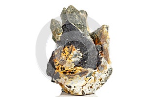 Macro mineral stone Quartz Hedenbergite Prase on ilvite on a white background