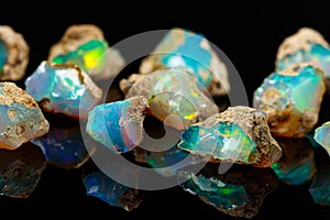 Macro mineral stone rare and beautiful opals on a black background