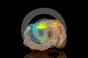 Macro mineral stone rare and beautiful opals on a black background