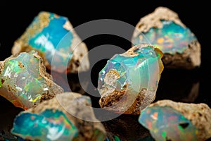 Macro mineral stone rare and beautiful opals on a black background