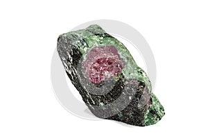 Macro of mineral stone ruby in rock on white background