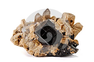 Macro mineral stone schorl, black tourmaline on white background