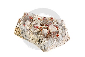 Macro mineral stone Spessartine, Feldspar, Smoky quartz, on a white background