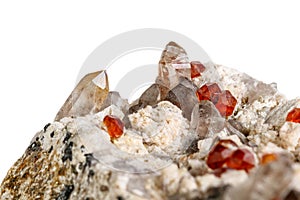 Macro mineral stone Spessartine, Feldspar, Smoky quartz, on a white background