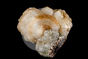 Macro mineral stone Stilbite on Apophyllite on a black background