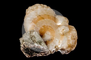 Macro mineral stone Stilbite on Apophyllite on a black background