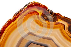 Macro mineral stone Yellow, brown Agate breed a white background