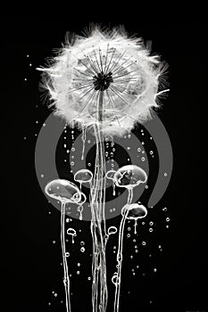 Macro monochrome beauty poster blowball dandelion drops art black white nature flower