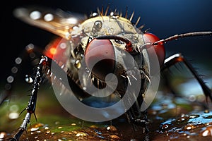 Macro on mosquito while stinging, point of view of sting, ultra close up illustration generative ai