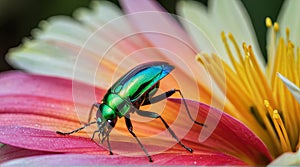 Macro Nature Photography: Dew-Kissed Flower Petal with Emerald Jewel Beetle photo