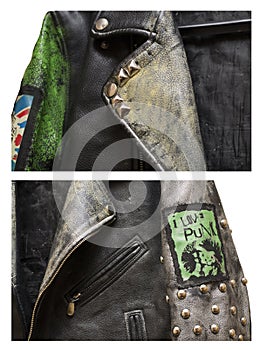 Macro parts of eather underground punk stylish jacket with rivets and with Punks not dead slogan on a back.