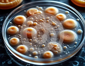 Macro pattern of bacterial colonies growing in a Petri dish, abstract and organic.