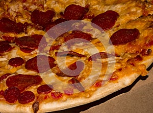 Macro of pepperoni pizza