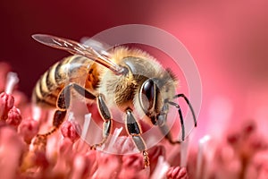 A macro photo of a bee collecting nectar from a blooming flower. Generative AI