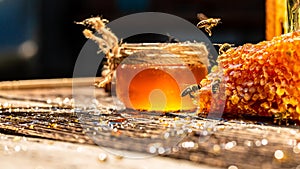 Macro photo of a bee hive on a honeycomb. Bees produce fresh, healthy, honey. Honey background. Beekeeping concept. Long banner