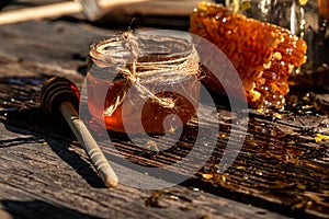 Macro photo of a bee hive on a honeycomb. Bees produce fresh, healthy, honey. Honey background. Beekeeping concept