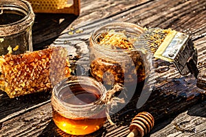 Macro photo of a bee hive on a honeycomb. Bees produce fresh, healthy, honey. Honey background. Beekeeping concept