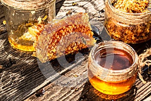 Macro photo of a bee hive on a honeycomb. Bees produce fresh, healthy, honey. Honey background. Beekeeping concept. Long banner