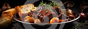 Macro Photo Beef Bourguignon On Stone Rustic Pub