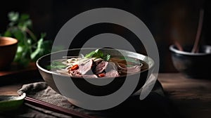 Macro Photo Beef Pho On Stone Rustic Pub. Generative AI