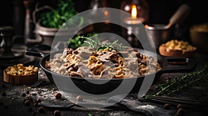 Macro Photo Beef Stroganoff On Stone Rustic Pub. Generative AI