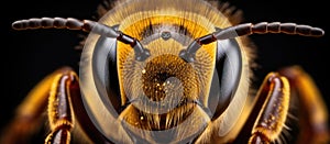 Macro photo of a bees face, a membranewinged insect, on a black background