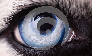 Macro photo of blue eye Siberian Husky dog. Close up blue eye