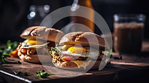 Macro Photo Breakfast Sandwiches On Stone Rustic Pub. Generative AI