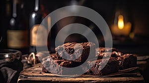 Macro Photo Brownies On Stone Rustic Pub. Generative AI