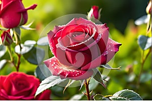 Macro Photo Capture of Morning Dew on the Vibrant Petals of a Sunlit Red Rose - Foreground Focus, Background Radiance