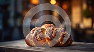 Macro Photo Challah Bread On Stone Rustic Pub. Generative AI