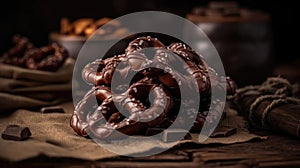 Macro Photo Chocolatecovered Pretzels On Stone Rustic Pub. Generative AI