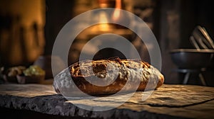 Macro Photo Ciabatta On Stone Rustic Pub. Generative AI