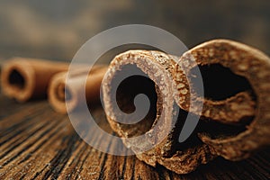 Macro photo of cinnamon sticks on wooden background