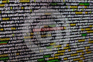 Macro photo of computer screen with program source code and highlighted ERASE YOUR HARD DRIVE inscription in the middle