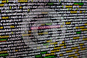 Macro photo of computer screen with program source code and highlighted HIJACK YOUR PASSWORDS inscription in the middle